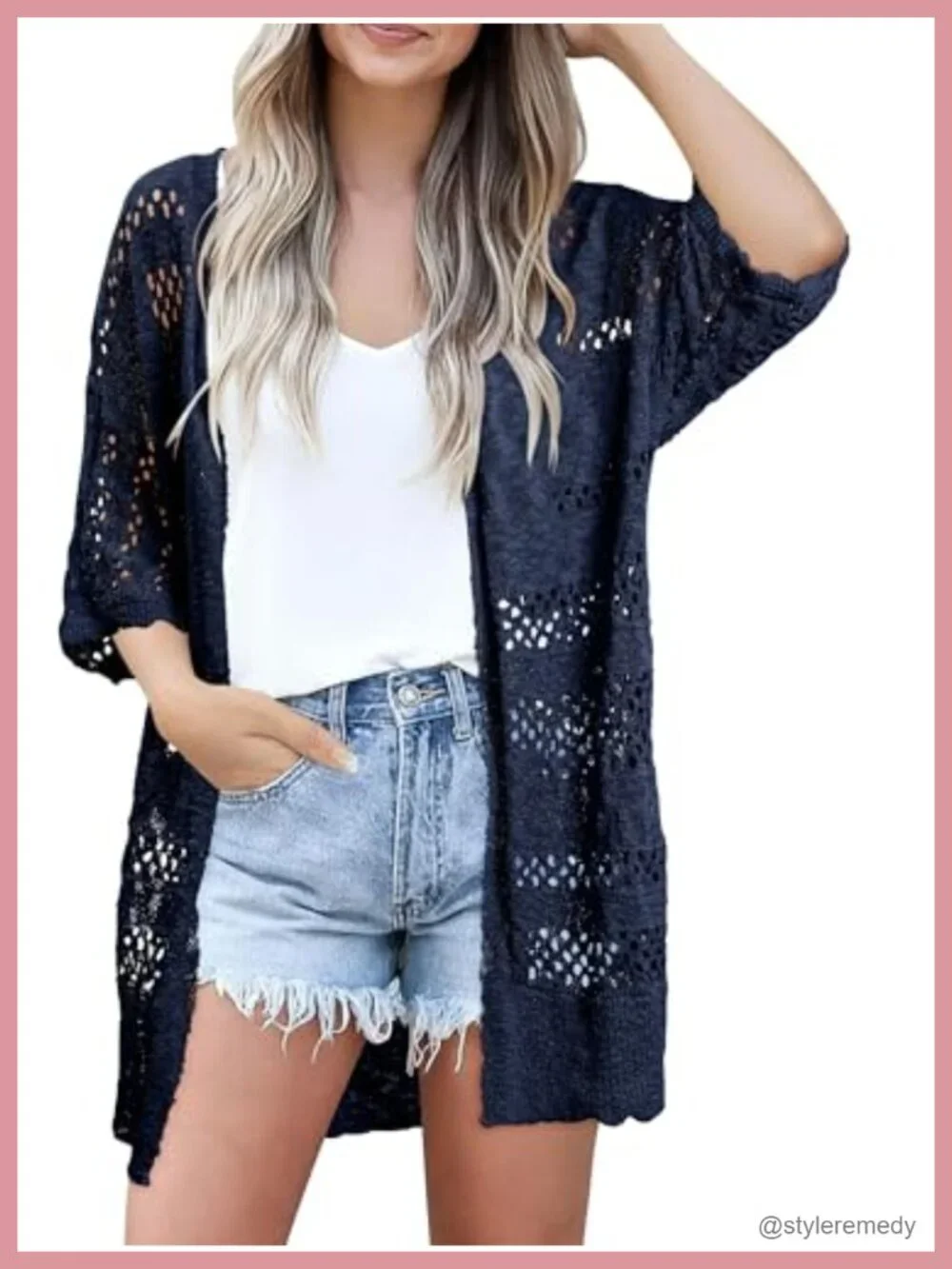 Lightweight Crochet Knit Cardigan Short Sleeve Open Front